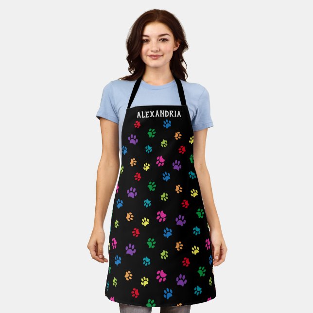 Cute Colourful Paw Prints Pattern Black Custom Apron (Worn)