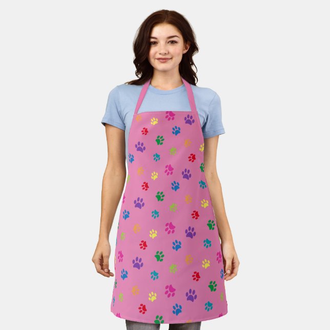 Cute Colourful Paw Prints Pattern Pink Apron (Worn)