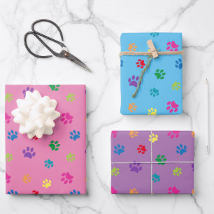 Cute Colourful Paw Prints Pattern Pink Blue Purple Wrapping Paper Sheet