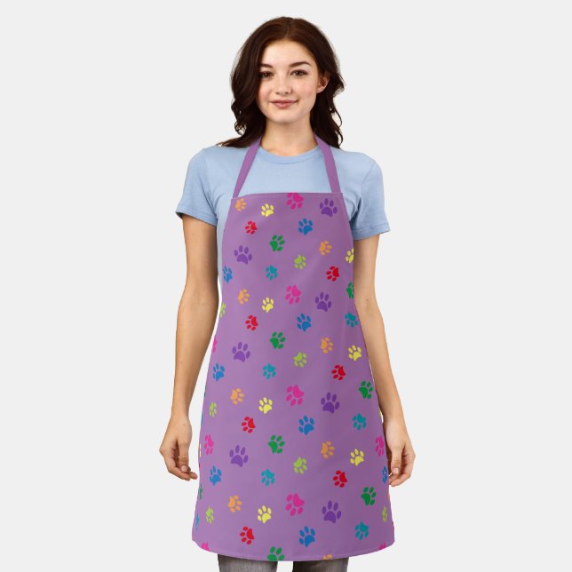 Cute Colourful Paw Prints Pattern Purple Apron (Worn)