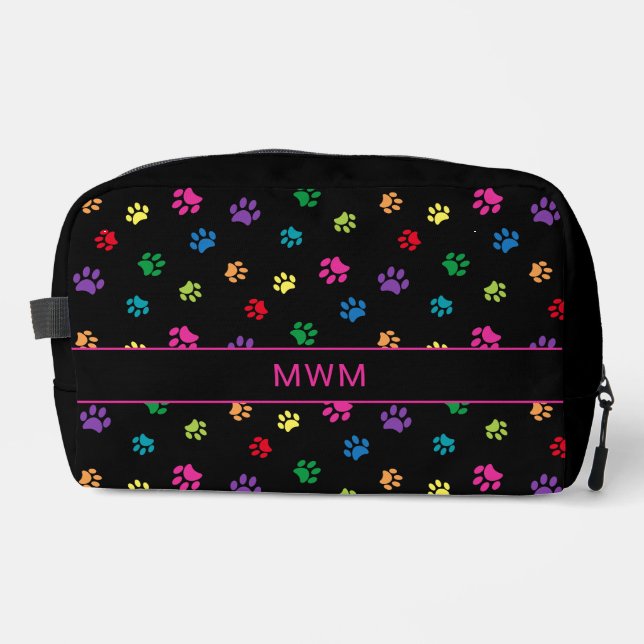 Cute Colourful Paw Prints Personalised Black Dopp Kit (Front)