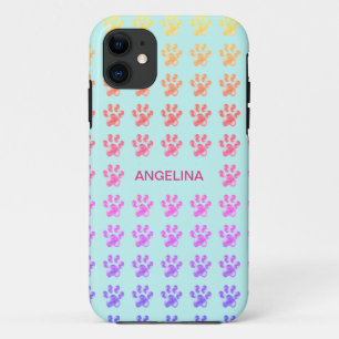 Cute colourful paws on light blue iPhone 11 case