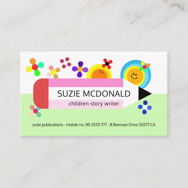 Cute Colourful Pencil Sun Flowers Business Card (Front)