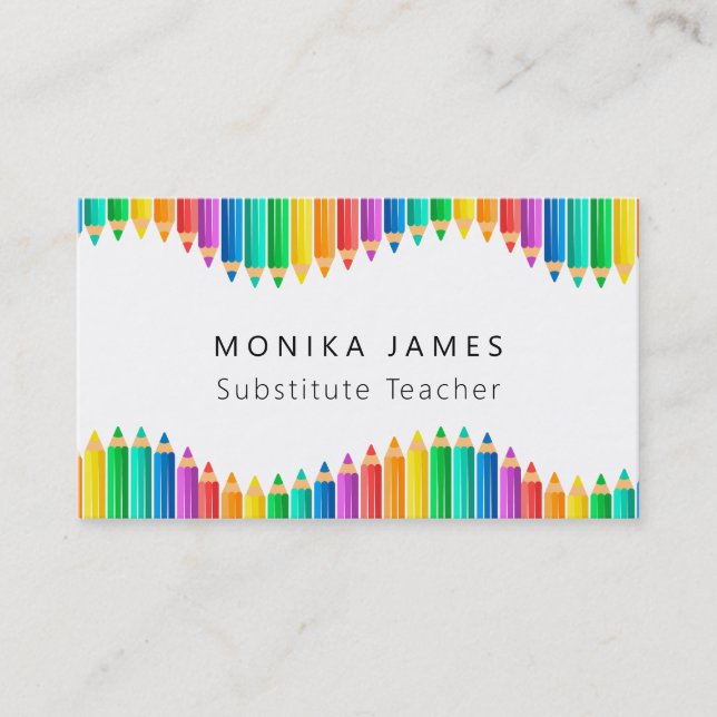 Cute Colourful Pencils Substitute Teacher Business Card (Front)