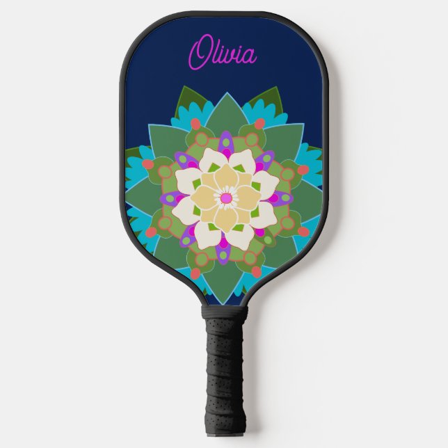 Cute Colourful Personalised Floral Mandala Pickleball Paddle (Front)