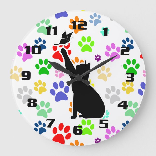 Cute Colourful Pet Paw Cat chasing a butterfly Large Clock (Front)