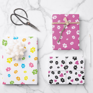 Cute colourful pet paw prints and hearts pattern wrapping paper sheet