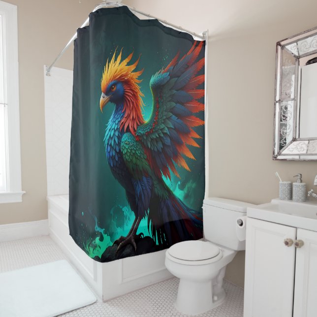 Cute colourful Phoenix bird of reds and blues Shower Curtain (In Situ)