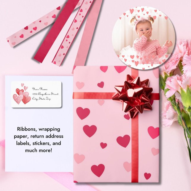 Cute Colourful Pink and Red Hearts  Satin Ribbon (Wrapping Paper, Return Address Labels, Ribbon, Stickers)