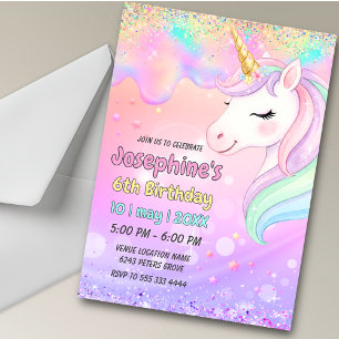 Cute colourful pink aqua unicorn dripping birthday invitation