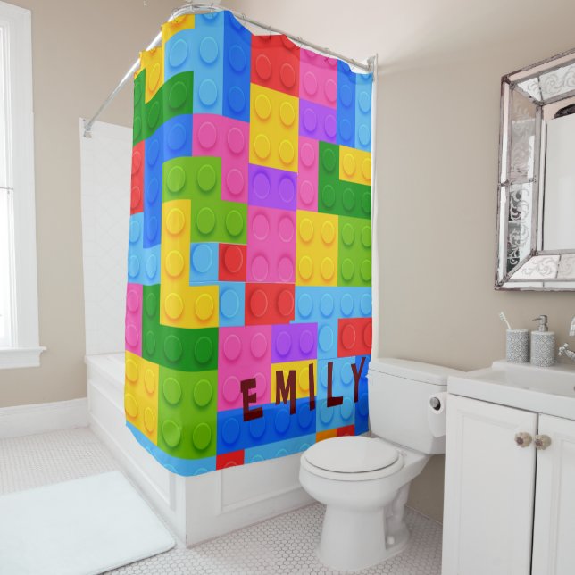 Cute Colourful Pink Blue Building Blocks Kids  Shower Curtain (In Situ)