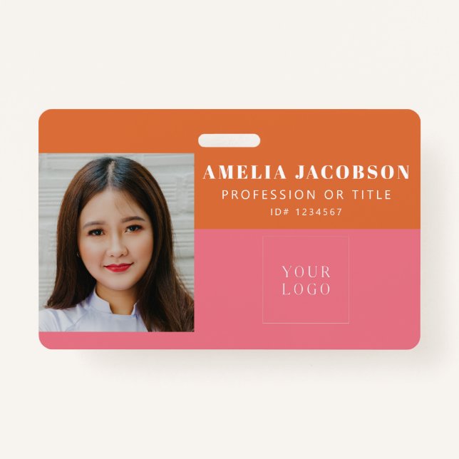 Cute Colourful Pink Orange Employee Photo ID Logo ID Badge (Front)