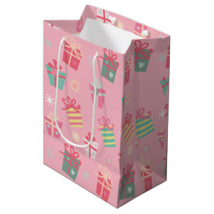 Cute & Colourful Pink Presents Christmas Holiday Medium Gift Bag