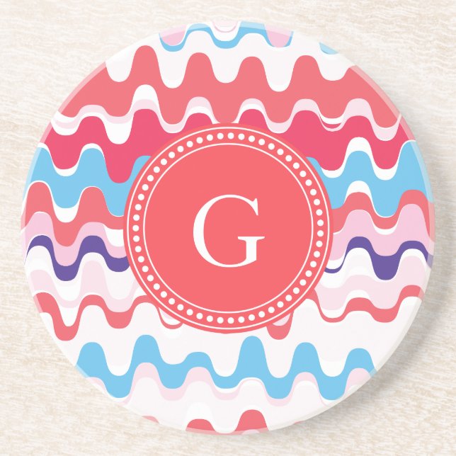 Cute colourful pink red abstract pattern monogram coaster (Front)