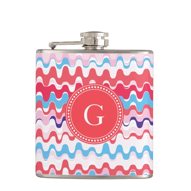 Cute colourful pink red abstract pattern monogram hip flask (Front)