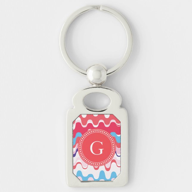 Cute colourful pink red abstract pattern monogram key ring (Front)