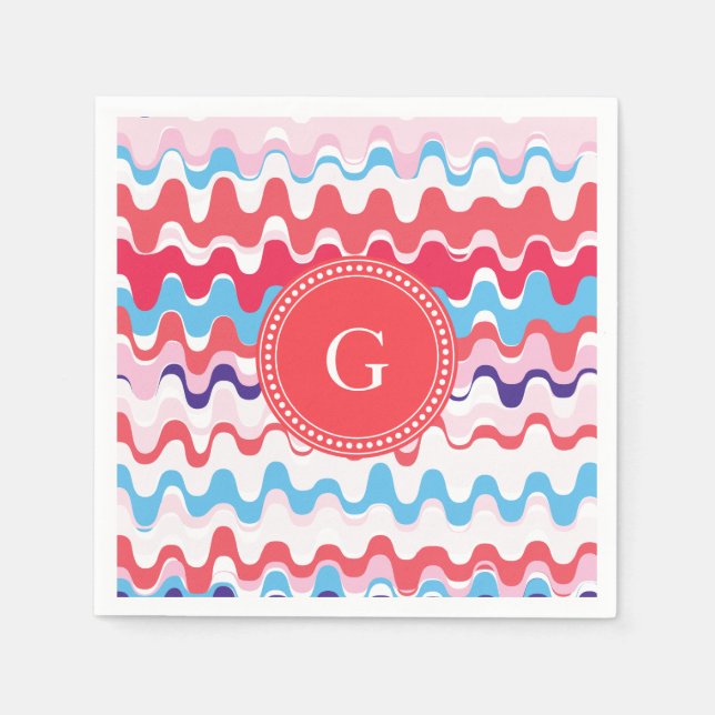 Cute colourful pink red abstract pattern monogram napkin (Front)