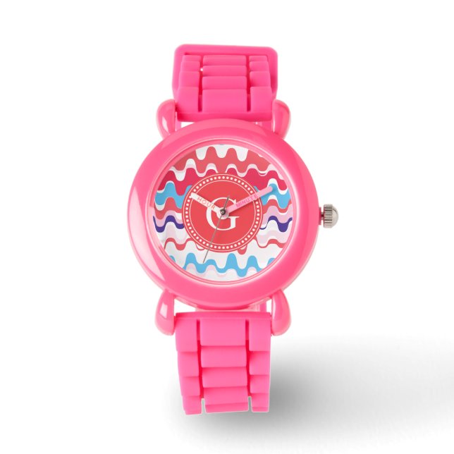 Cute colourful pink red abstract pattern monogram watch (Front)