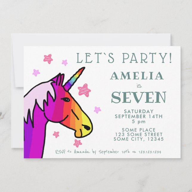 Cute Colourful Pink Unicorn Star Kids Birthday Invitation (Front)