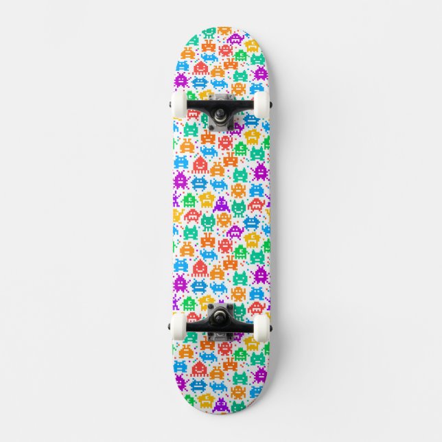 Cute colourful pixelated monsters patterns skateboard (Front)