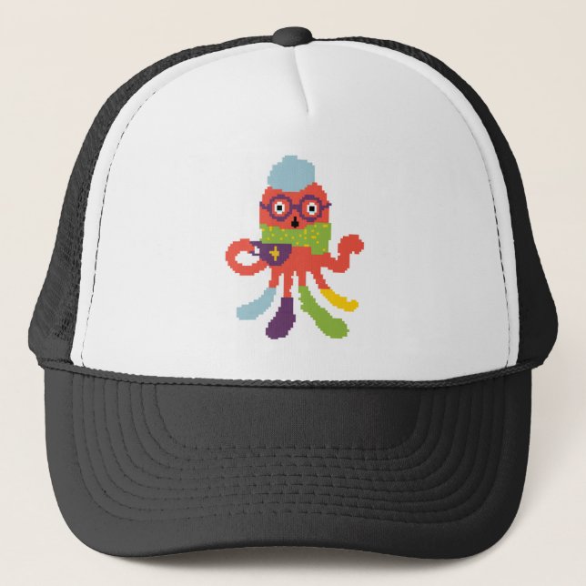 Cute colourful pixeled sick octapus throw pillow trucker hat (Front)