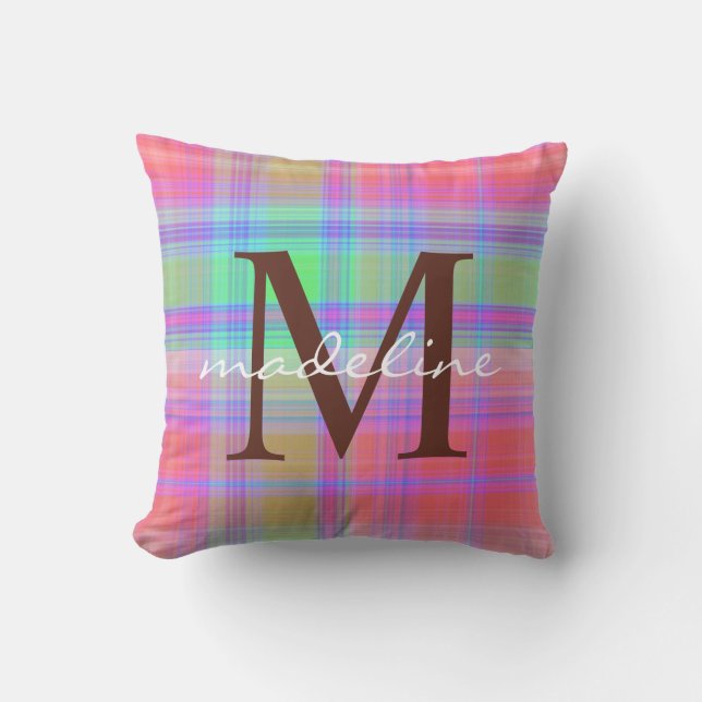 Cute Colourful Plaid Stripes Pattern Monogram Cushion (Front)