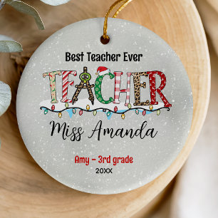 Cute Colourful Plaid Typography Teacher Gift Ceramic Tree Decoration