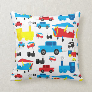 Cute Colourful Planes, Trains and Cars Collage Cushion