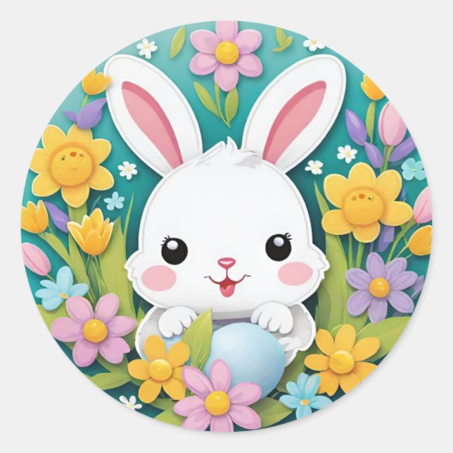 Cute Colourful Playful Easter Bunny Flowers Sticke Classic Round Sticker (Front)