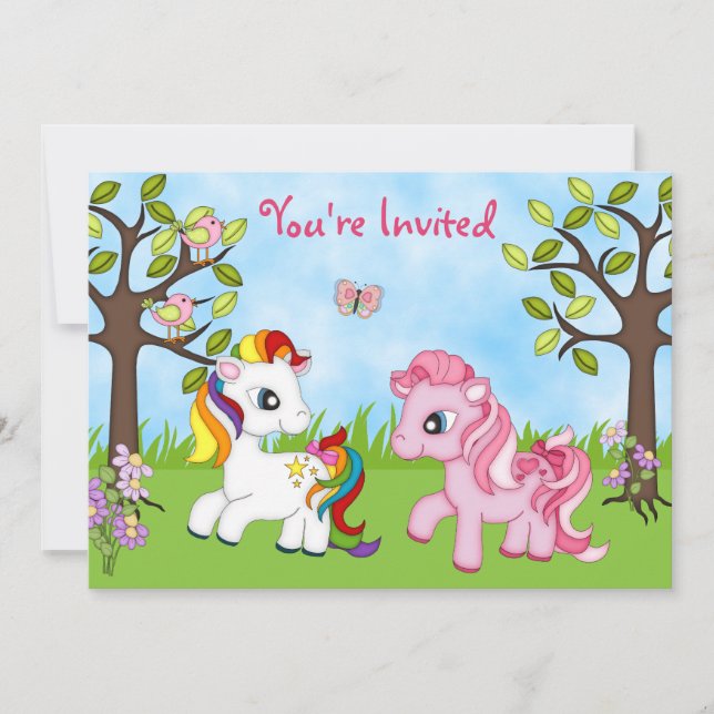 Cute Colourful Ponies Girls Horse Birthday Invite (Front)