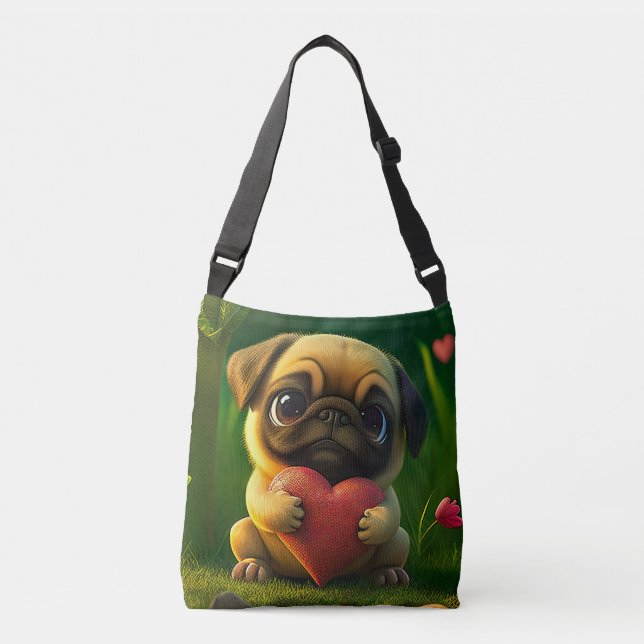 Cute Colourful Pug Dog Puppy Holding a Heart | Crossbody Bag (Front)