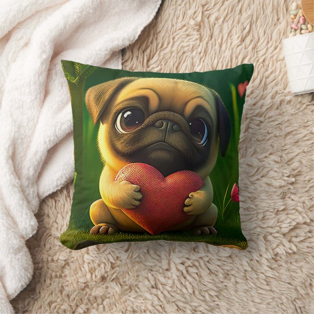 Cute Colourful Pug Dog Puppy Holding a Heart | Cushion (Blanket)