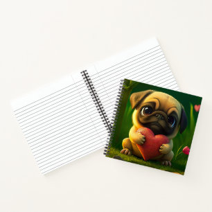Cute Colourful Pug Dog Puppy Holding a Heart Notebook