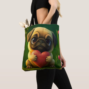 Cute Colourful Pug Dog Puppy Holding a Heart   Tote Bag