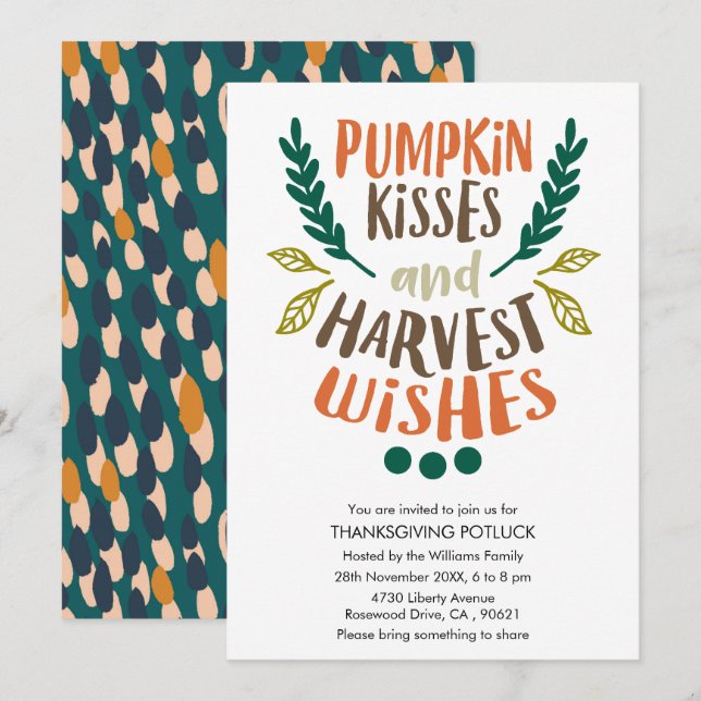 Cute Colourful Pumpkin Kisses Foliage Thanksgiving Invitation (Front/Back)