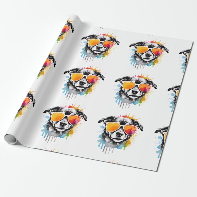 Cute colourful Puppy with sunglasses splash  Wrapping Paper (Unrolled)
