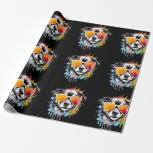 Cute colourful Puppy with sunglasses splash  Wrapping Paper