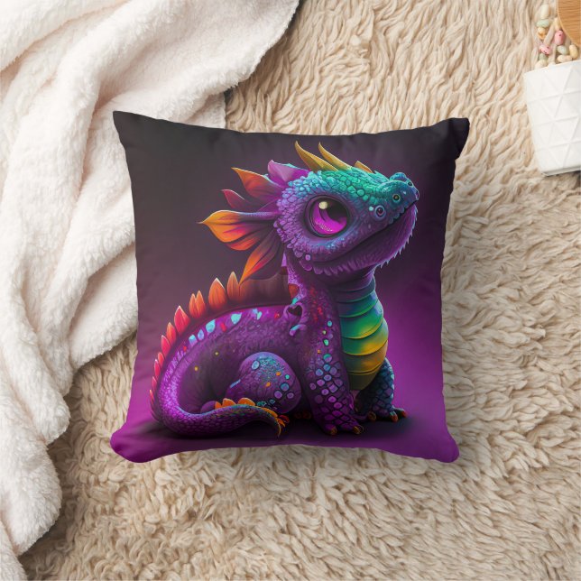 Cute Colourful Purple Dragon Lizard Artwork | Cushion (Blanket)