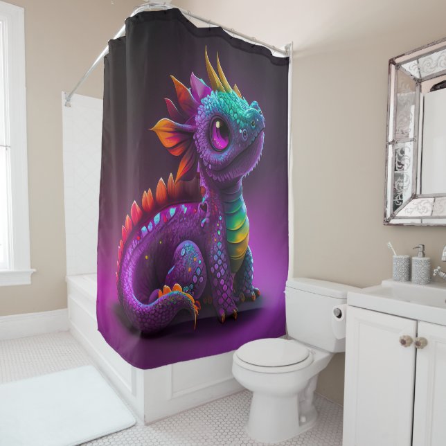 Cute Colourful Purple Dragon Lizard Artwork | Shower Curtain (In Situ)
