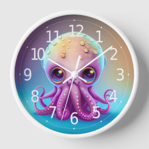 Cute Colourful Purple Octopus Alien Artwork Clock