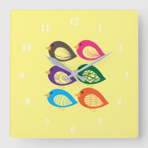Cute colourful quirky birds square wall clock