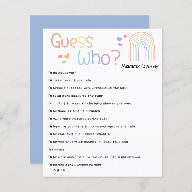 Cute Colourful Rainbow Baby Shower Guess Who Game (Front/Back)