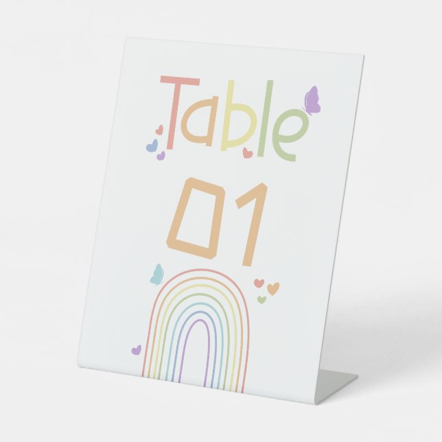 Cute Colourful Rainbow Baby Shower Table Numbers Pedestal Sign (Front)