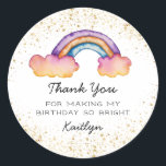 Cute Colourful Rainbow Birthday Party Classic Round Sticker<br><div class="desc">Whimsical girl's birthday party favour sticker featuring a rainbow painted with watercolor. There is also faux gold glitter around the edges. The text says "thank you for making my birthday so bright." Customise this product by adding your child's name.</div>