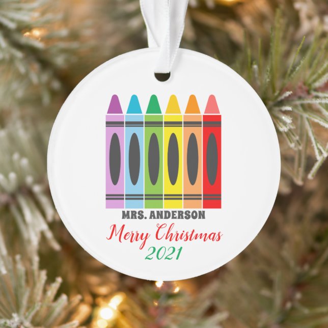 Cute Colourful Rainbow Crayons Teacher Personalise Ornament (Tree)