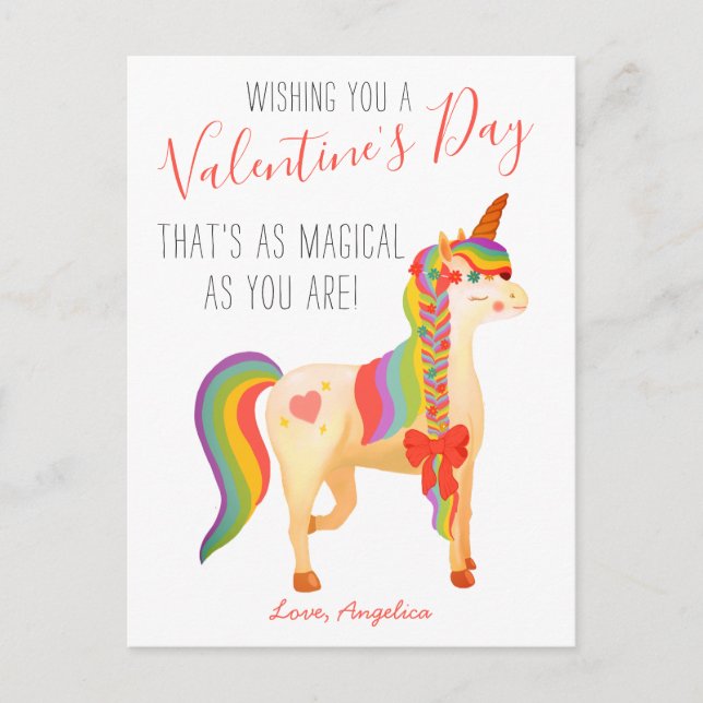 Cute Colourful Rainbow Unicorn Valentine's Day Kid Postcard (Front)