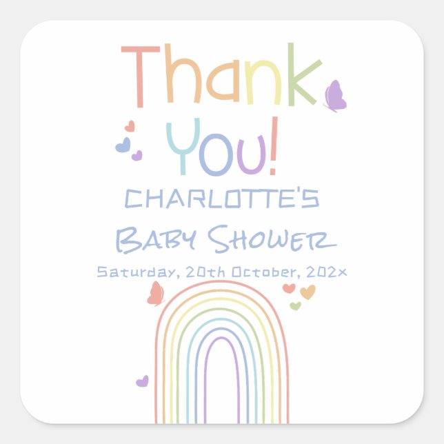 Cute Colourful Rainbow with Hearts Baby Shower Square Sticker (Front)
