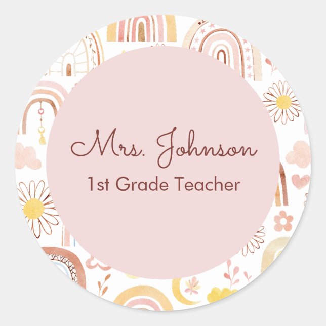 Cute Colourful Rainbows and Daisy Flowers Abstract Classic Round Sticker (Front)