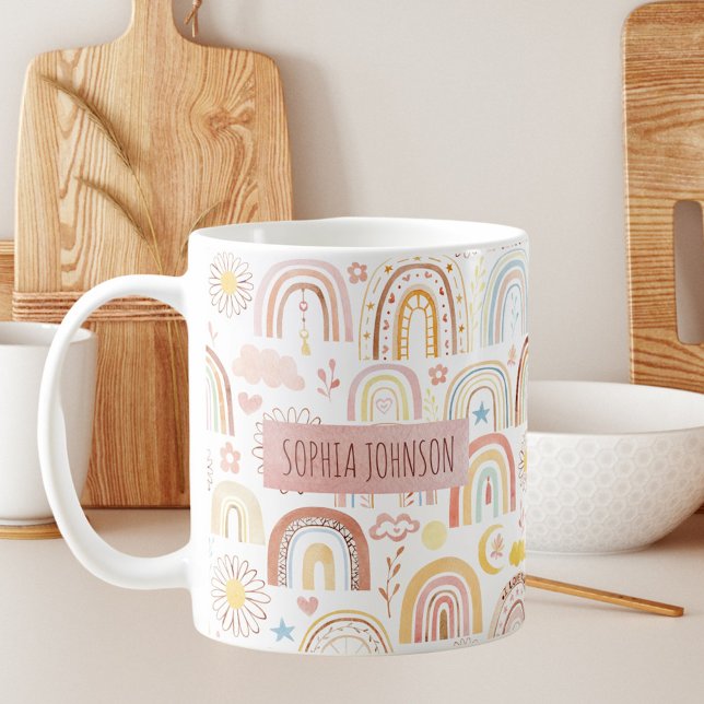 Cute Colourful Rainbows and Daisy Flowers Abstract Coffee Mug (In situ)