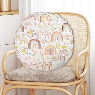 Cute Colourful Rainbows and Daisy Flowers Abstract Round Cushion